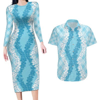 Hawaii Aloha Plumeria Lei Turquoise Palaka Couples Matching Long Sleeve Bodycon Dress and Hawaiian Shirt LT7 Turquoise - Polynesian Pride