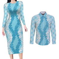 Hawaii Aloha Plumeria Lei Turquoise Palaka Couples Matching Long Sleeve Bodycon Dress and Long Sleeve Button Shirt LT7 Turquoise - Polynesian Pride