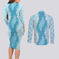 Hawaii Aloha Plumeria Lei Turquoise Palaka Couples Matching Long Sleeve Bodycon Dress and Long Sleeve Button Shirt LT7 - Polynesian Pride
