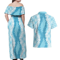 Hawaii Aloha Plumeria Lei Turquoise Palaka Couples Matching Off Shoulder Maxi Dress and Hawaiian Shirt LT7 - Polynesian Pride
