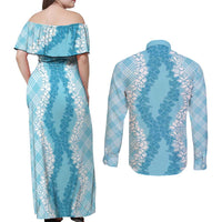 Hawaii Aloha Plumeria Lei Turquoise Palaka Couples Matching Off Shoulder Maxi Dress and Long Sleeve Button Shirt LT7 - Polynesian Pride