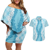 Hawaii Aloha Plumeria Lei Turquoise Palaka Couples Matching Off Shoulder Short Dress and Hawaiian Shirt LT7 Turquoise - Polynesian Pride