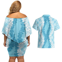 Hawaii Aloha Plumeria Lei Turquoise Palaka Couples Matching Off Shoulder Short Dress and Hawaiian Shirt LT7 - Polynesian Pride