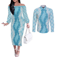 Hawaii Aloha Plumeria Lei Turquoise Palaka Couples Matching Off The Shoulder Long Sleeve Dress and Long Sleeve Button Shirt LT7 Turquoise - Polynesian Pride