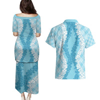 Hawaii Aloha Plumeria Lei Turquoise Palaka Couples Matching Puletasi and Hawaiian Shirt LT7 - Polynesian Pride