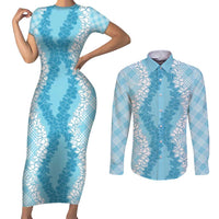 Hawaii Aloha Plumeria Lei Turquoise Palaka Couples Matching Short Sleeve Bodycon Dress and Long Sleeve Button Shirt LT7 Turquoise - Polynesian Pride