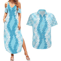 Hawaii Aloha Plumeria Lei Turquoise Palaka Couples Matching Summer Maxi Dress and Hawaiian Shirt LT7 Turquoise - Polynesian Pride