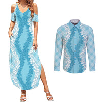Hawaii Aloha Plumeria Lei Turquoise Palaka Couples Matching Summer Maxi Dress and Long Sleeve Button Shirt LT7 Turquoise - Polynesian Pride