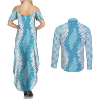 Hawaii Aloha Plumeria Lei Turquoise Palaka Couples Matching Summer Maxi Dress and Long Sleeve Button Shirt LT7 - Polynesian Pride