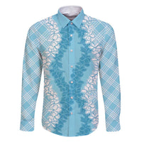 Hawaii Aloha Plumeria Lei Turquoise Palaka Family Matching Long Sleeve Bodycon Dress and Hawaiian Shirt LT7 Dad's Shirt - Long Sleeve Turquoise - Polynesian Pride