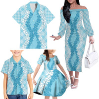 Hawaii Aloha Plumeria Lei Turquoise Palaka Family Matching Off The Shoulder Long Sleeve Dress and Hawaiian Shirt LT7 - Polynesian Pride