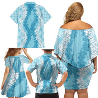 Hawaii Aloha Plumeria Lei Turquoise Palaka Family Matching Off Shoulder Short Dress and Hawaiian Shirt LT7 - Polynesian Pride