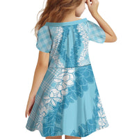 Hawaii Aloha Plumeria Lei Turquoise Palaka Kid Short Sleeve Dress - Polynesian Pride