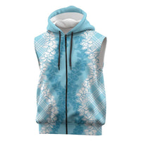 Hawaii Aloha Plumeria Lei Turquoise Palaka Sleeveless Zip Hoodie - Polynesian Pride