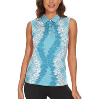 Hawaii Aloha Plumeria Lei Turquoise Palaka Women Sleeveless Polo Shirt LT7 - Polynesian Pride