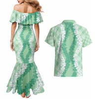 Hawaii Aloha Plumeria Lei Mint Palaka Couples Matching Mermaid Dress and Hawaiian Shirt LT7 - Polynesian Pride