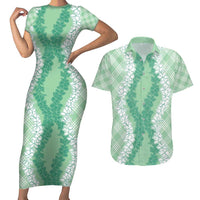 Hawaii Aloha Plumeria Lei Mint Palaka Couples Matching Short Sleeve Bodycon Dress and Hawaiian Shirt LT7 Mint - Polynesian Pride