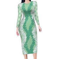 Hawaii Aloha Plumeria Lei Mint Palaka Family Matching Long Sleeve Bodycon Dress and Hawaiian Shirt LT7 Mom's Dress Mint - Polynesian Pride