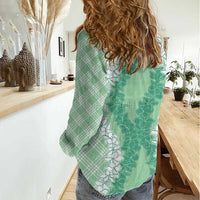 Hawaii Aloha Plumeria Lei Mint Palaka Women Casual Shirt - Polynesian Pride