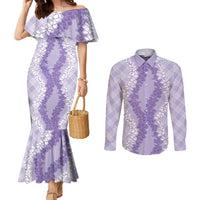 Hawaii Aloha Plumeria Lei Lavender Palaka Couples Matching Mermaid Dress and Long Sleeve Button Shirt LT7 Lavender - Polynesian Pride