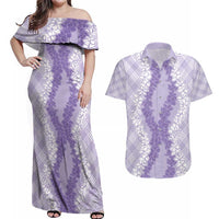 Hawaii Aloha Plumeria Lei Lavender Palaka Couples Matching Off Shoulder Maxi Dress and Hawaiian Shirt LT7 Lavender - Polynesian Pride
