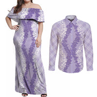 Hawaii Aloha Plumeria Lei Lavender Palaka Couples Matching Off Shoulder Maxi Dress and Long Sleeve Button Shirt LT7 Lavender - Polynesian Pride