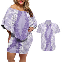 Hawaii Aloha Plumeria Lei Lavender Palaka Couples Matching Off Shoulder Short Dress and Hawaiian Shirt LT7 Lavender - Polynesian Pride