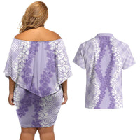 Hawaii Aloha Plumeria Lei Lavender Palaka Couples Matching Off Shoulder Short Dress and Hawaiian Shirt LT7 - Polynesian Pride