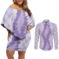 Hawaii Aloha Plumeria Lei Lavender Palaka Couples Matching Off Shoulder Short Dress and Long Sleeve Button Shirt LT7 Lavender - Polynesian Pride