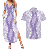 Hawaii Aloha Plumeria Lei Lavender Palaka Couples Matching Summer Maxi Dress and Hawaiian Shirt LT7 Lavender - Polynesian Pride