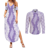 Hawaii Aloha Plumeria Lei Lavender Palaka Couples Matching Summer Maxi Dress and Long Sleeve Button Shirt LT7 Lavender - Polynesian Pride