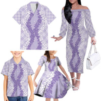 Hawaii Aloha Plumeria Lei Lavender Palaka Family Matching Off The Shoulder Long Sleeve Dress and Hawaiian Shirt LT7 - Polynesian Pride