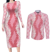 Hawaii Aloha Plumeria Lei Pink Palaka Couples Matching Long Sleeve Bodycon Dress and Long Sleeve Button Shirt LT7 Pink - Polynesian Pride