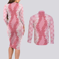Hawaii Aloha Plumeria Lei Pink Palaka Couples Matching Long Sleeve Bodycon Dress and Long Sleeve Button Shirt LT7 - Polynesian Pride