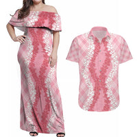 Hawaii Aloha Plumeria Lei Pink Palaka Couples Matching Off Shoulder Maxi Dress and Hawaiian Shirt LT7 Pink - Polynesian Pride