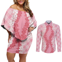 Hawaii Aloha Plumeria Lei Pink Palaka Couples Matching Off Shoulder Short Dress and Long Sleeve Button Shirt LT7 Pink - Polynesian Pride