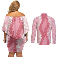 Hawaii Aloha Plumeria Lei Pink Palaka Couples Matching Off Shoulder Short Dress and Long Sleeve Button Shirt LT7 - Polynesian Pride