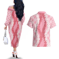 Hawaii Aloha Plumeria Lei Pink Palaka Couples Matching Off The Shoulder Long Sleeve Dress and Hawaiian Shirt LT7 - Polynesian Pride