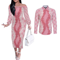 Hawaii Aloha Plumeria Lei Pink Palaka Couples Matching Off The Shoulder Long Sleeve Dress and Long Sleeve Button Shirt LT7 Pink - Polynesian Pride