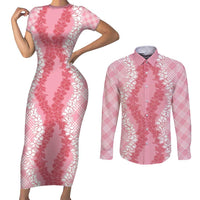 Hawaii Aloha Plumeria Lei Pink Palaka Couples Matching Short Sleeve Bodycon Dress and Long Sleeve Button Shirt LT7 Pink - Polynesian Pride