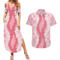 Hawaii Aloha Plumeria Lei Pink Palaka Couples Matching Summer Maxi Dress and Hawaiian Shirt LT7 Pink - Polynesian Pride