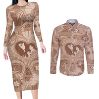 Hawaii Plumeria Couples Matching Long Sleeve Bodycon Dress and Long Sleeve Button Shirt Hau'oli la Makuahine Beige LT7 Beige - Polynesian Pride