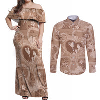 Hawaii Plumeria Couples Matching Off Shoulder Maxi Dress and Long Sleeve Button Shirt Hau'oli la Makuahine Beige LT7 Beige - Polynesian Pride