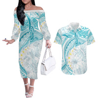 Polynesia Humpback Whale Couples Matching Off The Shoulder Long Sleeve Dress and Hawaiian Shirt Tropical Plumeria Turquoise LT7 Turquoise - Polynesian Pride