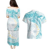 Polynesia Humpback Whale Couples Matching Puletasi and Hawaiian Shirt Tropical Plumeria Turquoise
