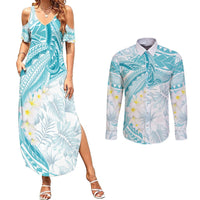 Polynesia Humpback Whale Couples Matching Summer Maxi Dress and Long Sleeve Button Shirt Tropical Plumeria Turquoise