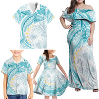Polynesia Humpback Whale Family Matching Off Shoulder Maxi Dress and Hawaiian Shirt Tropical Plumeria Turquoise LT7 - Polynesian Pride