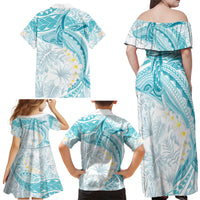 Polynesia Humpback Whale Family Matching Off Shoulder Maxi Dress and Hawaiian Shirt Tropical Plumeria Turquoise LT7 - Polynesian Pride