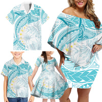 Polynesia Humpback Whale Family Matching Off Shoulder Short Dress and Hawaiian Shirt Tropical Plumeria Turquoise LT7 - Polynesian Pride