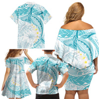 Polynesia Humpback Whale Family Matching Off Shoulder Short Dress and Hawaiian Shirt Tropical Plumeria Turquoise LT7 - Polynesian Pride